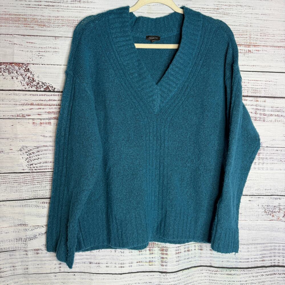 Talbots Large Teal Wool Blend V Neck Oversized Sweater Tunic